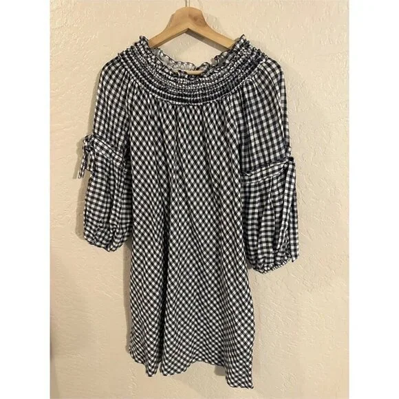 Y Max Edition Gingham Plaid Smocked Black & White Puffy Sleeve Cotton Midi Dress - Picture 2 of 10